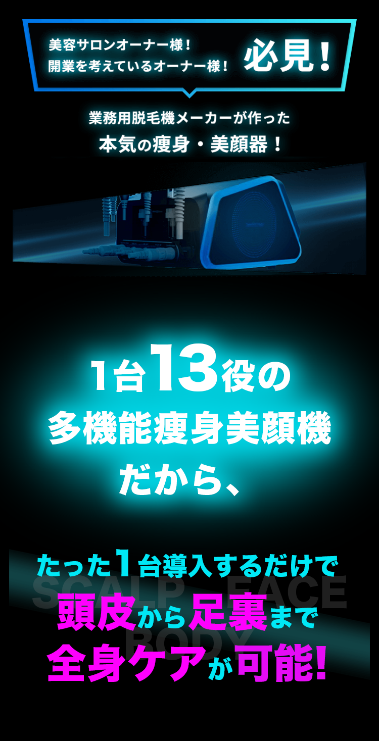 1台13役の多機能業務用痩身美顔機だから、たった1台導入するだけで ボディとフェイスにWの満足!